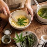 Persona adulta prepara mantequilla infusionada con cannabis en una cocina luminosa