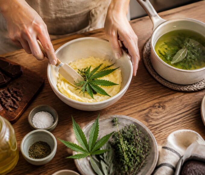 Persona adulta prepara mantequilla infusionada con cannabis en una cocina luminosa