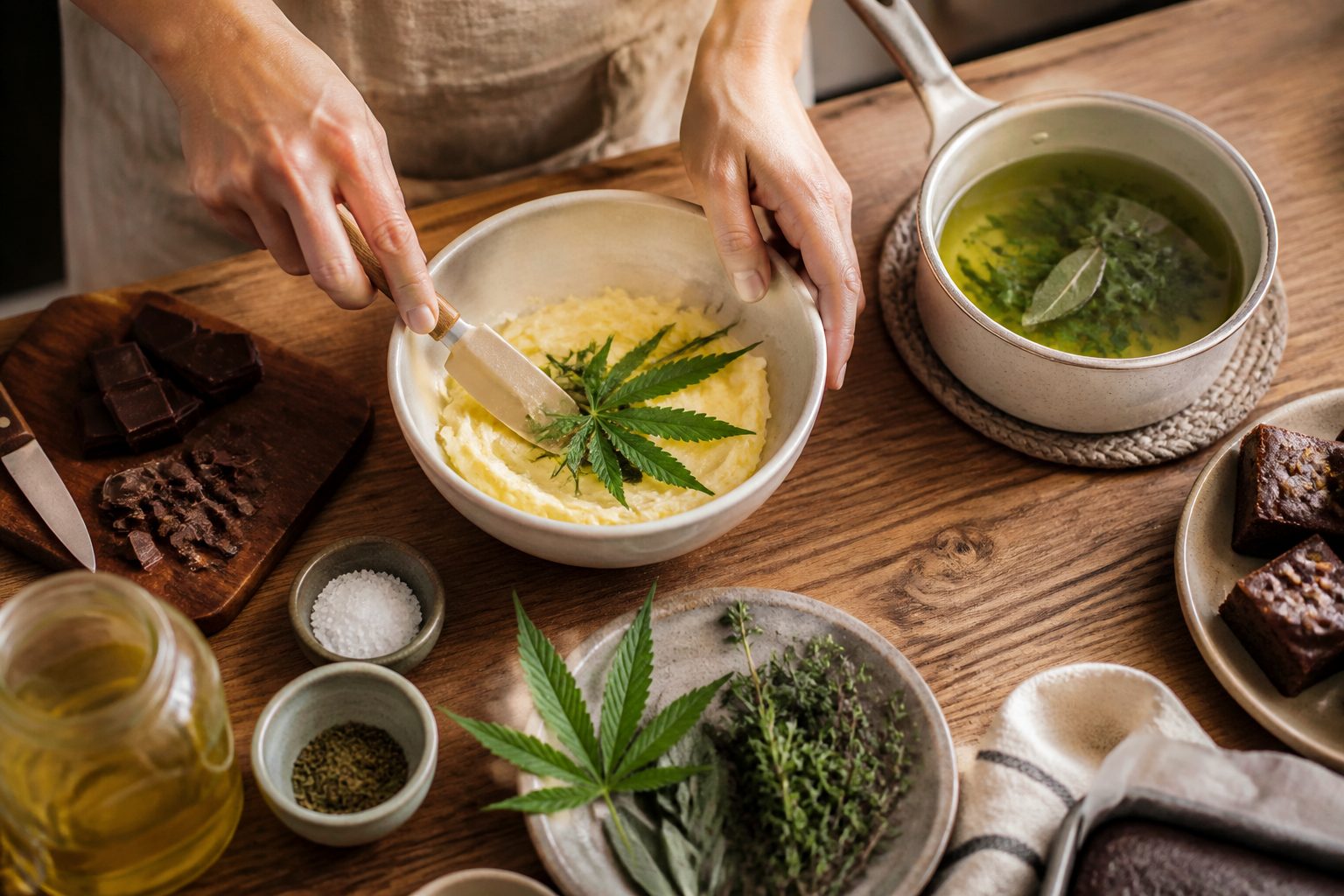 Persona adulta prepara mantequilla infusionada con cannabis en una cocina luminosa