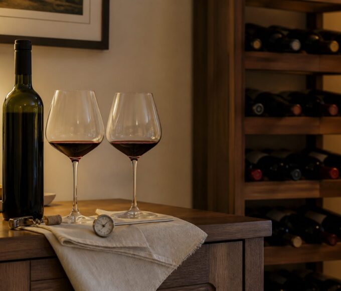 Botella de vino sin etiqueta, dos copas y termómetro junto a un botellero doméstico