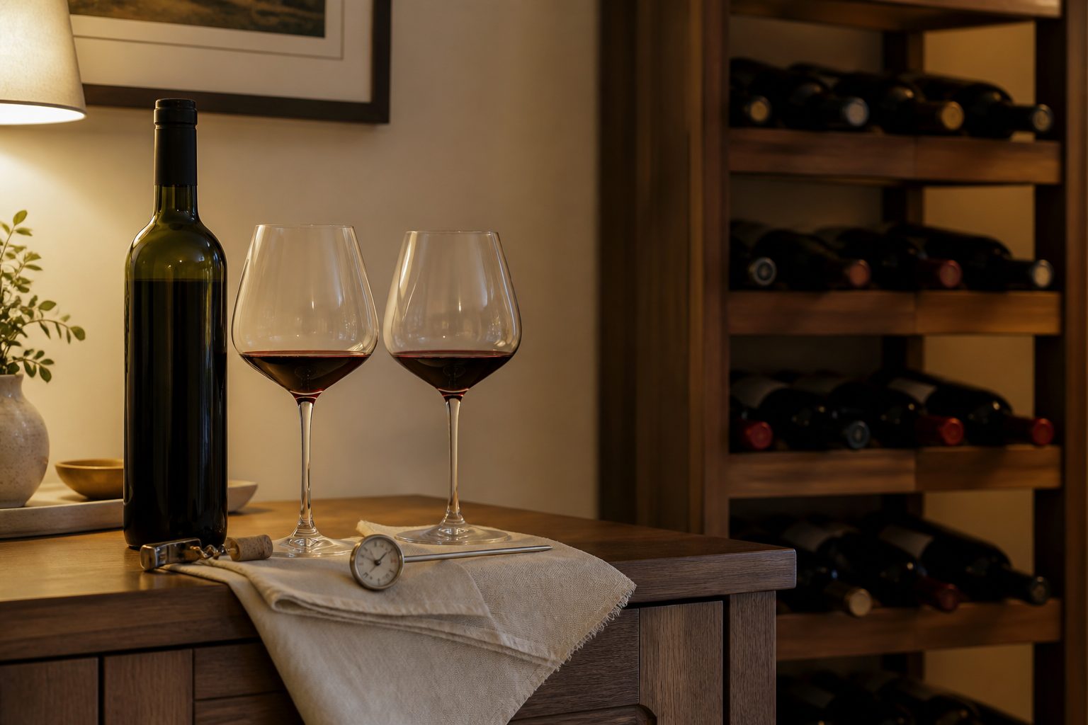 Botella de vino sin etiqueta, dos copas y termómetro junto a un botellero doméstico